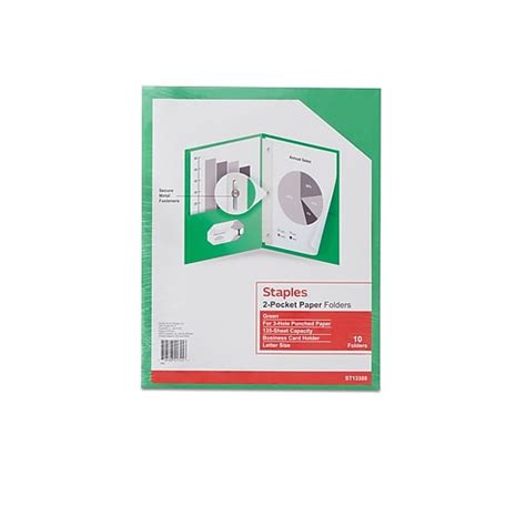 Staples 2 Pocket Folders With Fasteners Green 10pack 13388 Us