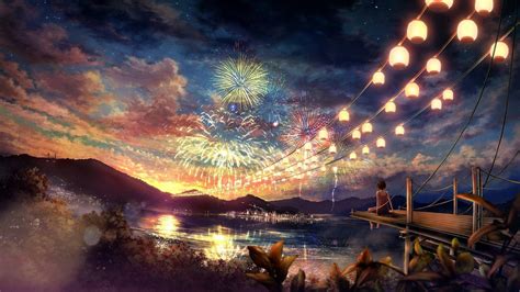 Noise, light, smoke, and floating materials (confetti for example). #artwork, #anime girls, #anime, #lake, #women, #colorful, #concept art, #fireworks, wallpaper ...