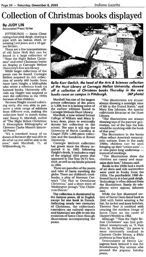 "Collection of Christmas books displayed" Judy Lin, Indiana Gazette, 6