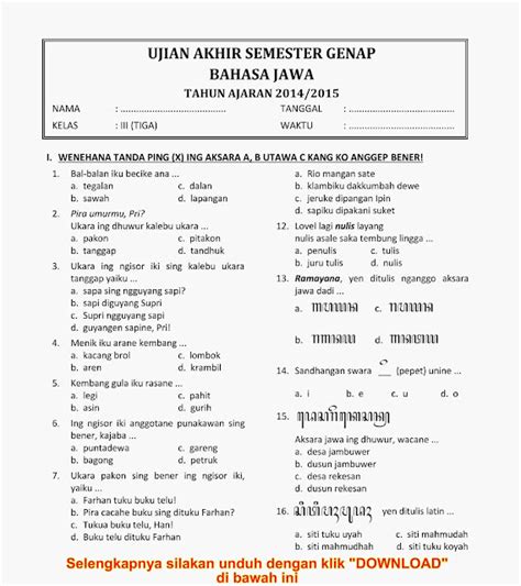 Soal Aksara Jawa Kelas Soal Ulangan Harian Bahasa Jawa Kd Kelas Hot