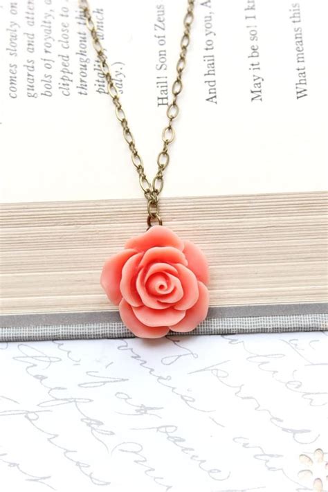 Coral Rose Necklace Single Rose Pendant Romantic Jewelry Etsy