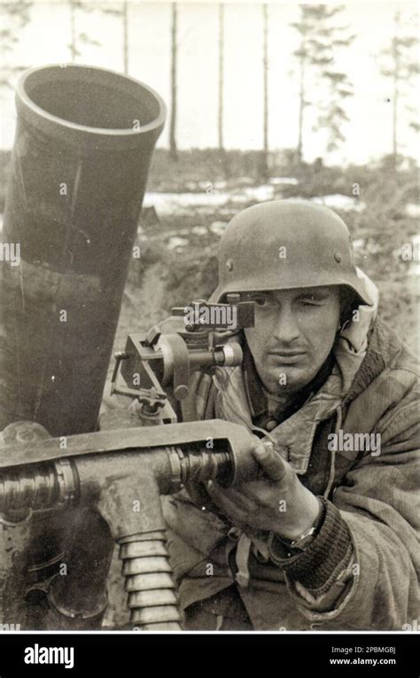 World War Two Bandw Photo German Soldier Sites A 120mm Mortar In The