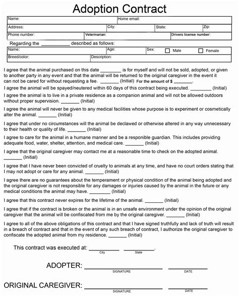 Dog Training Contract Template Lovely Simple Adoption Contract 1 Animal
