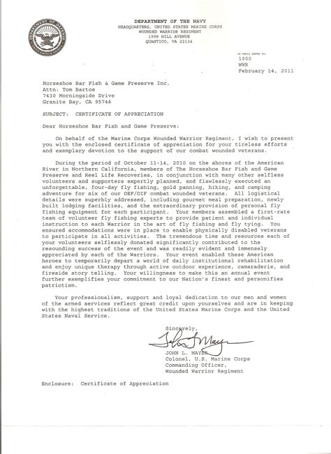 Type the letter on a. Letter of Appreciation US Marine Corp