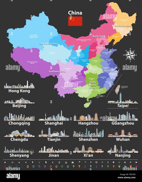 China Map With Largest Chinese City Skylines Vector Illustration Stock