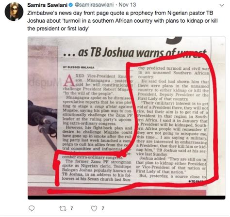 Confirming joshua's death, lagos police commissioner (cp) hakeem odumosu said he was i do not know the cause of his death yet. TB Joshua's Prophesy About Zimbabwe Military Coup & Robert ...