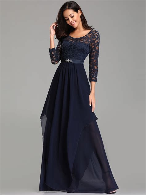 Ever Pretty Long Sleeve Evening Dresses A Line Lace Navy Bridesmaid