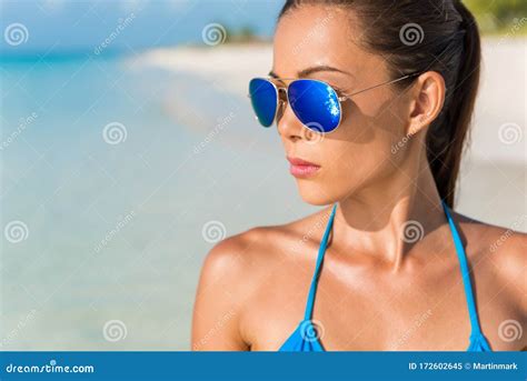 Blue Mirror Aviator Sunglasses Woman Beauty Beach Bikini Asian Model Wearing Fashion Eyewear
