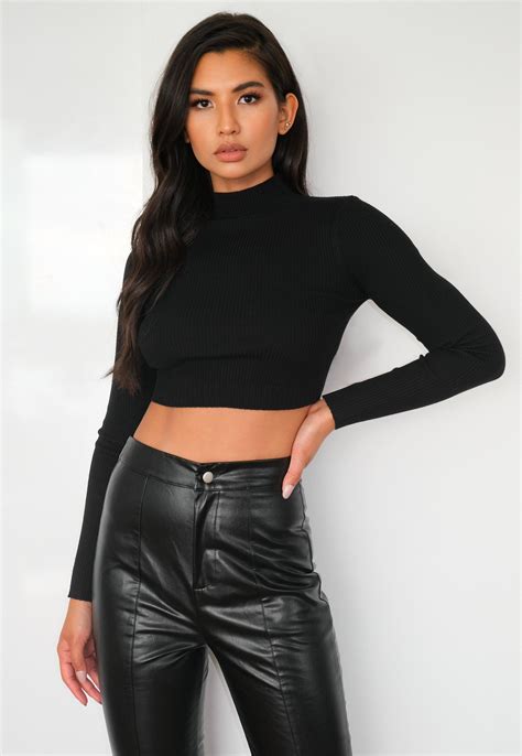 Black Knitted High Neck Ribbed Crop Top Missguided