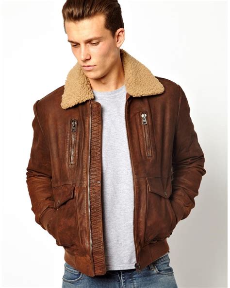 Asos Wrangler Leather Jacket Sherpa Collar In Brown For Men Lyst