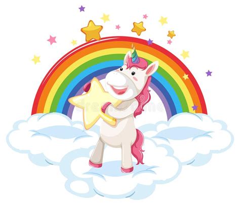 Pink Unicorn Standing On A Cloud With Rainbow Stock Vector