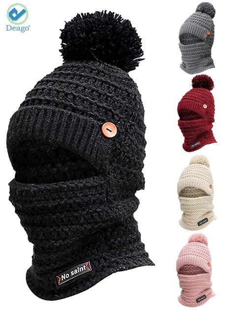 Deago Womens Winter Knitted Balaclava Pompom Beanie Hat Scarf Set