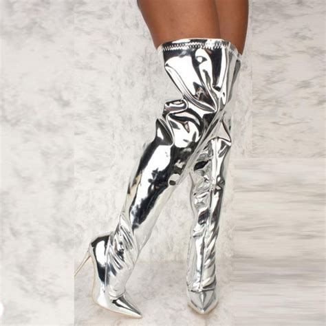 Over The Knee Silver Metallic Boots High Heel Boots Thigh High Boots