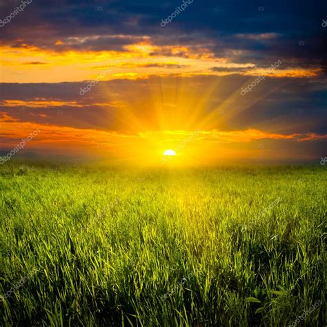 Beautiful Sunset In Meadow Stock Photo By ©chesterf 3451017