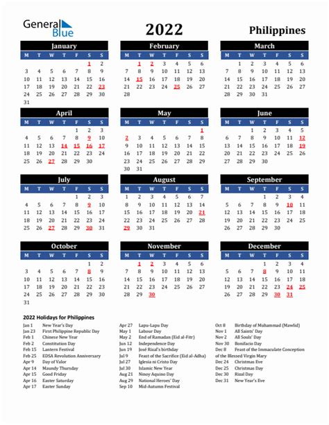 2022 Philippines Calendar With Holidays