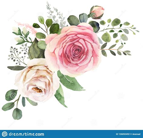 Watercolor Floral Bouquet With Roses And Eucalyptus Stock Illustration