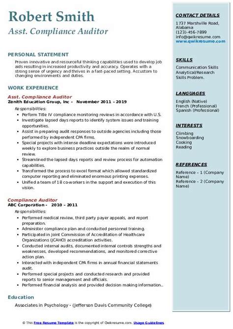 Create a auditor resume using our . Compliance Auditor Resume Samples | QwikResume