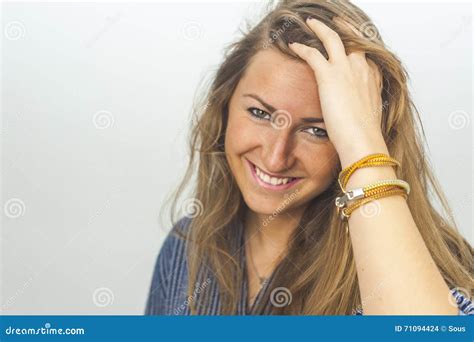 Close Up Portrait Of Smiling Beautiful Woman With Hair Motion Sh Stock