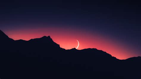 Sunset Wallpaper 4k Mountain Silhouette Crescent Moon Night Time