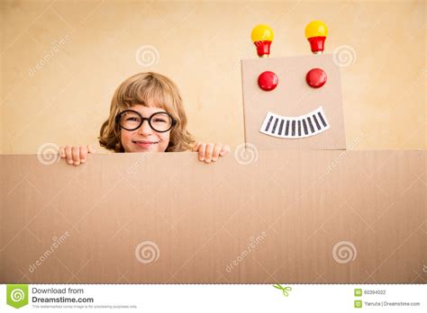 Funny Geek Kid With Toy Robot Stock Photo Image Of Blank Play 60394022
