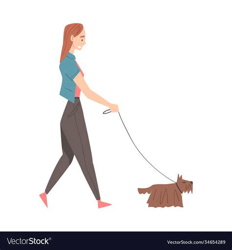 Girl Walking With Dog In Park Cartoon Style Vector Image