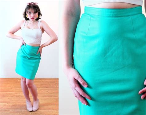 S Turquoise Leather Skirt XS Vintage Cache Etsy