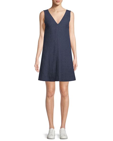 Theory V Neck Sleeveless A Line Integrate Linen Dress In Blue Lyst