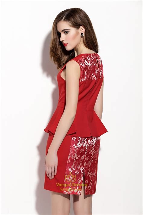 Red Sleeveless Peplum Cocktail Dress With Lace Applique Vampal Dresses