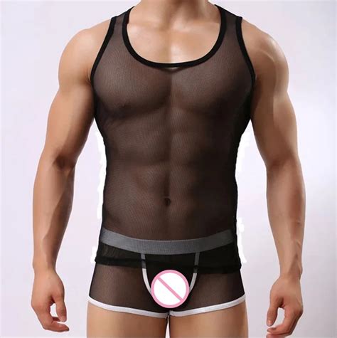 Sexy Men Tank Tops Transparent Mesh Sleepwear See Through Nightwear Sleeveless Tops Tees Sexy
