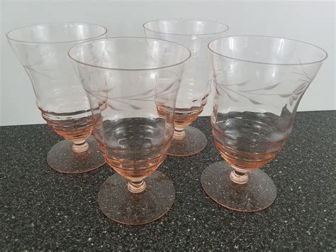 Pink Depression Wine Glasses Pink Floral Etched Goblets Set Etsy