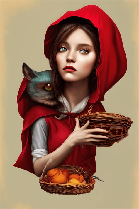 A Realistic Cute Little Red Riding Hood Holding Basket Painting