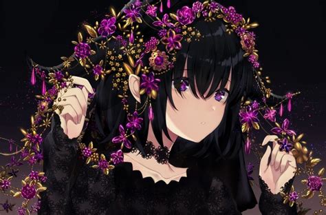 Wallpaper Anime Girl Black Hair Choker Purple Eyes