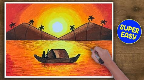 How To Draw And Colour Sunrise Scenery Easy Step By Step Drawing