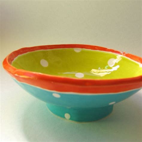 Colorful Pottery Bowl With Whimsical Polka Dots By Maryjudy Tangerine