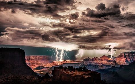 Grand Canyon Lightning Storm Clouds Night Cliff