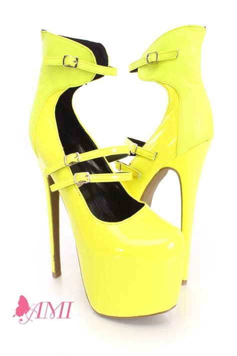 Neon Yellow Strappy Platform Heels Patent Dress Shoes Womens