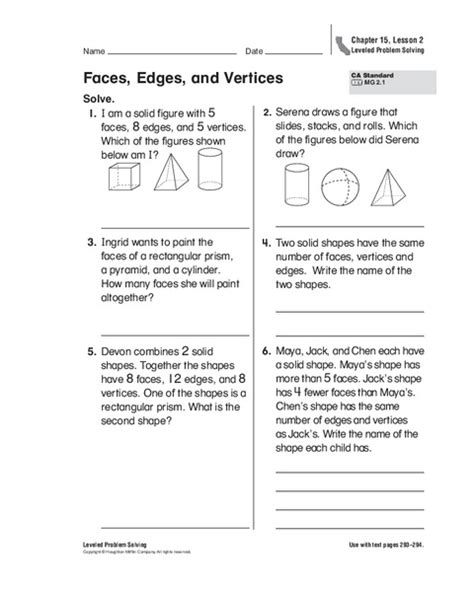 Faces Edges And Vertices Worksheet For 4th 5th Grade Lesson Planet