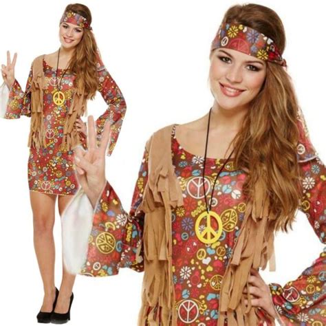 Womens Hippy Hippie Fancy Dress Costume Outfit 60s 70s Groovy Ladies