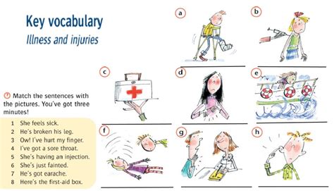 She has/she's got… he split some boiling water on himself. Illness and injuries worksheet