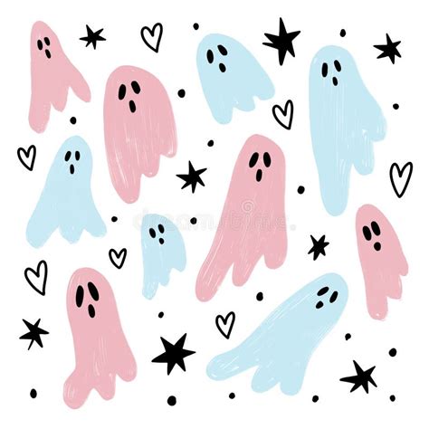 Vector Illustration Set Of Cute Pink And Blue Paint Textured Ghosts