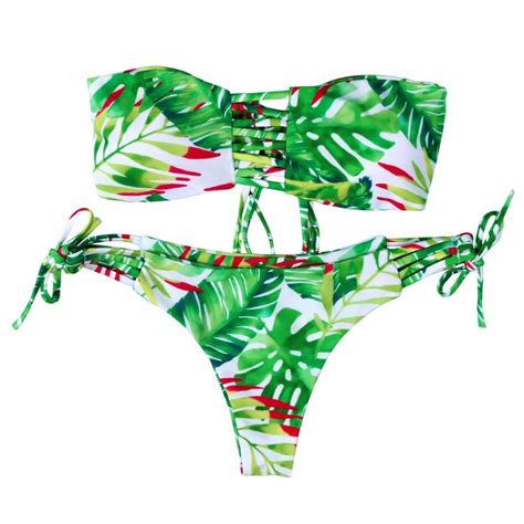 Klv Sexy Women Leaf Print Push Up Padded Bra Beach Bikini Set Swimsuit Swimwear Green Swimsuit