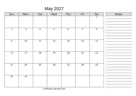 Download May 2027 Calendar With Notes Weeks Start On Sunday