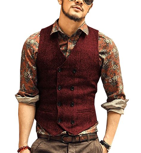 Burgundy Mens Double Breasted Vest Slim Fit Woolentweed Suit Vest Casual Top Quality