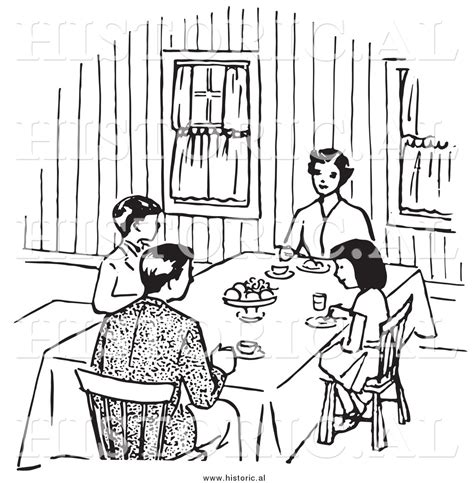 Clipart of a Family Eating at Dinner Table - Black and White Retro
