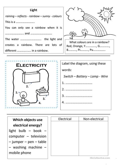 Science Light And Electricity English Esl Worksheets For