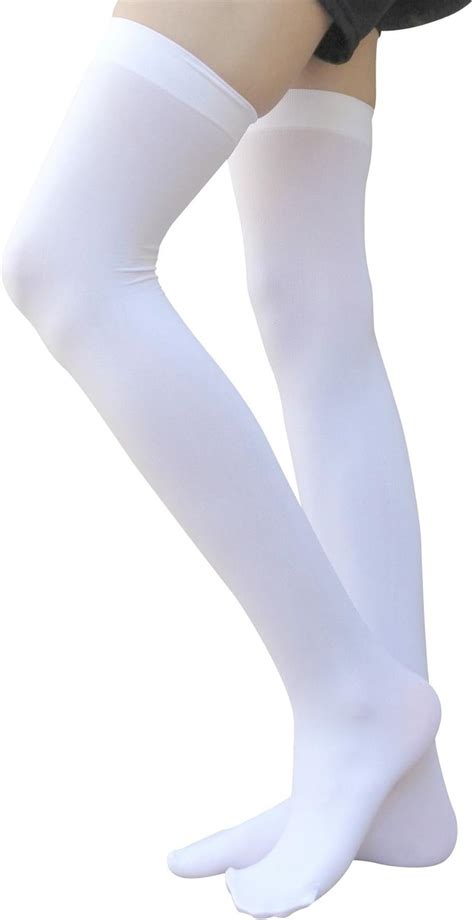 am landen womens white nylon blend over knee thigh high stockings solid opaque stockings white