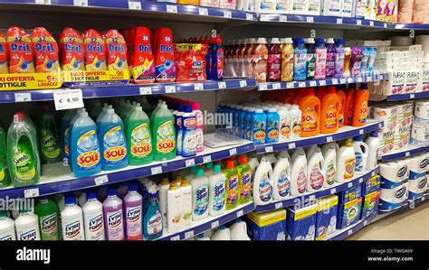 Supermarket Shelves With Cleaning Products Detergents Disinfectants