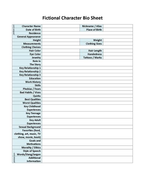 Character Sheet Writing Character Bio Template Book Writing Tips