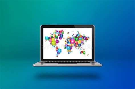 World Map Made Of Icons On A Laptop Screen Stock Illustration