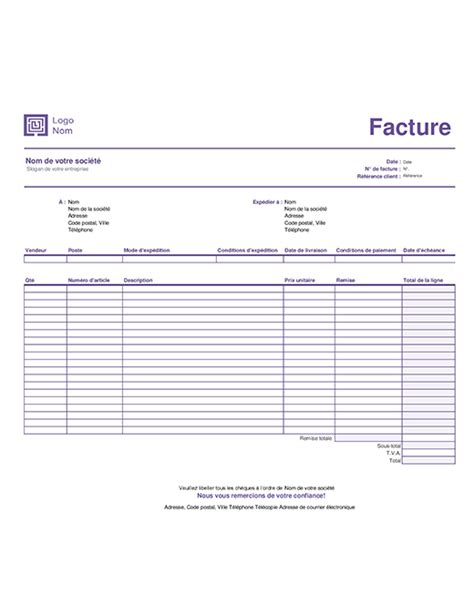 Facture de ventes (modèle Lignes simples)